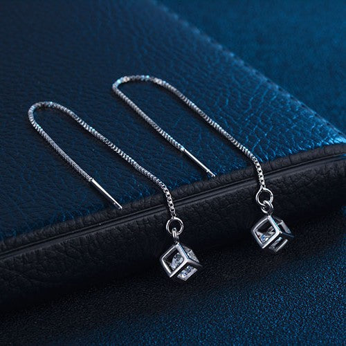 Love Cube Tassel Square Geometric Zircon Earrings