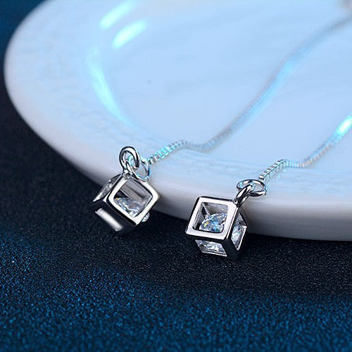 Love Cube Tassel Square Geometric Zircon Earrings