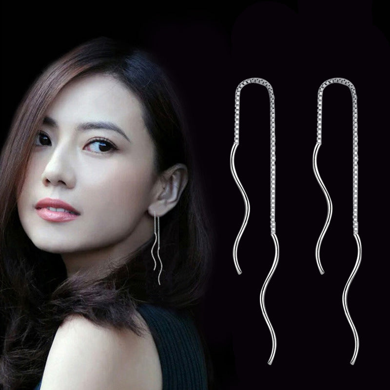 Women's Curved Wavy Tassel Sier Long Geometric Earrings