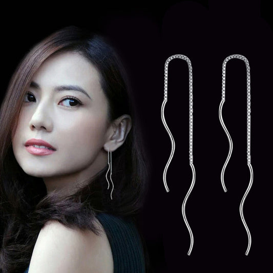 Women's Curved Wavy Tassel Sier Long Geometric Earrings