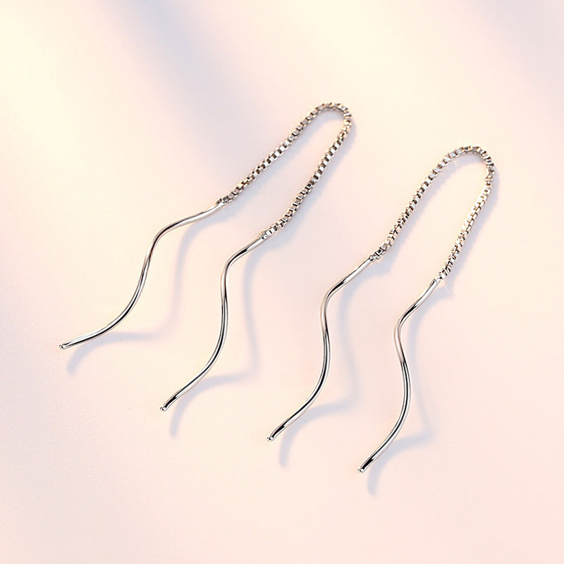 Women's Curved Wavy Tassel Sier Long Geometric Earrings