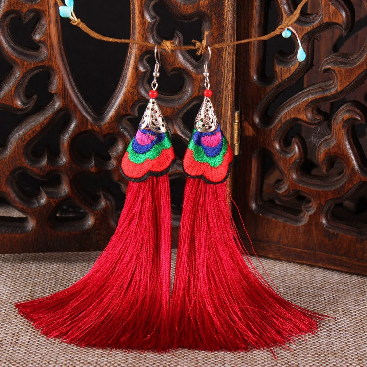 Ethnic Style Embroidered Tassel Retro Long Earrings