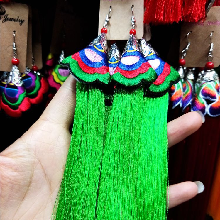 Ethnic Style Embroidered Tassel Retro Long Earrings