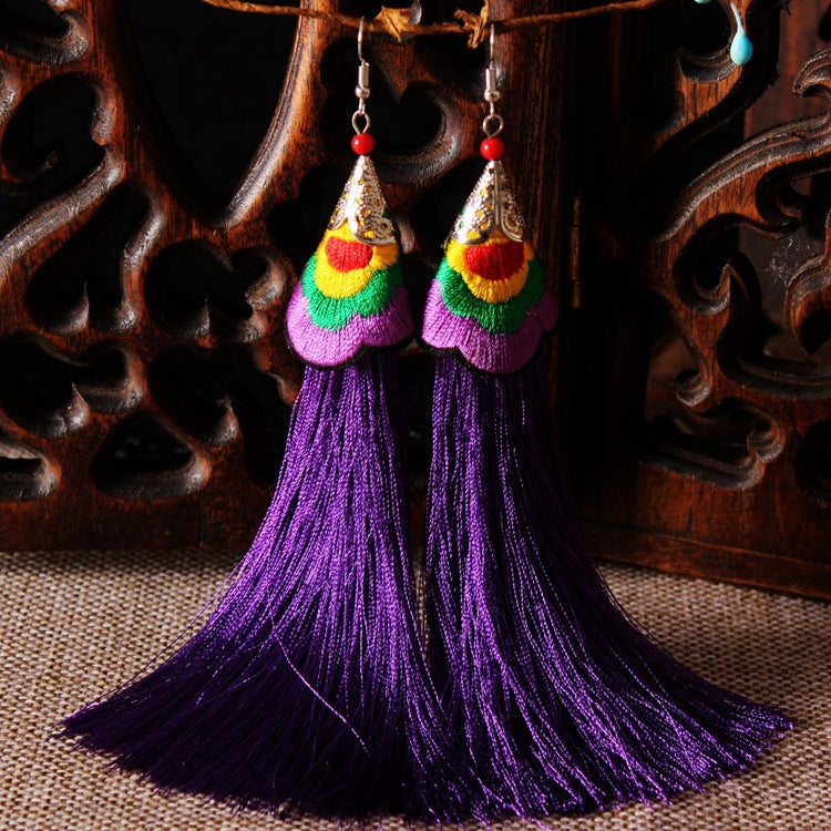 Ethnic Style Embroidered Tassel Retro Long Earrings