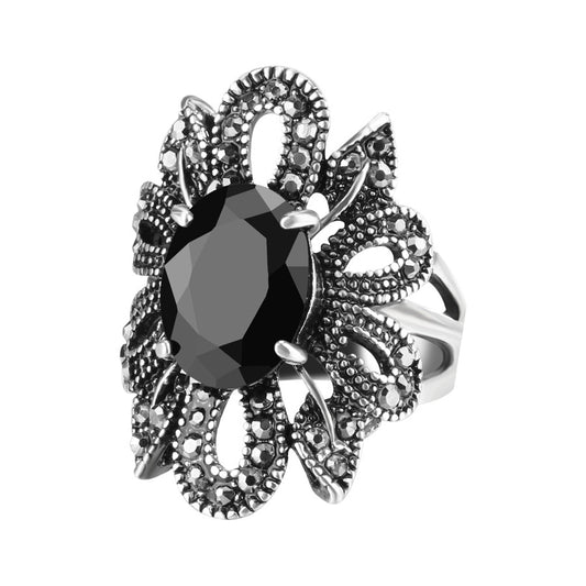 Women's European Punk Natural Black Onyx Sier Plated Rings