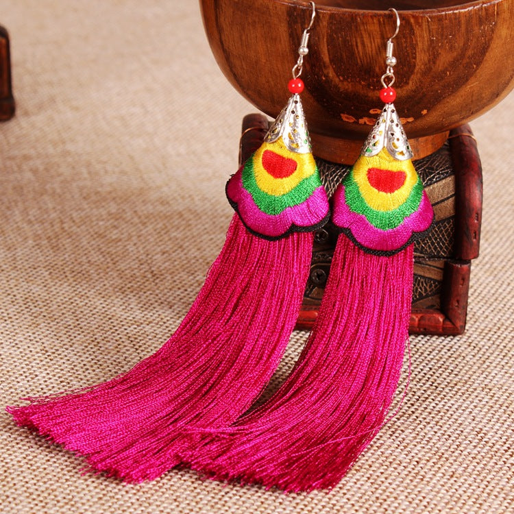 Ethnic Style Embroidered Tassel Retro Long Earrings