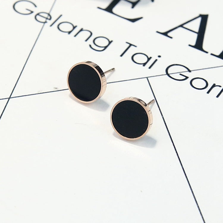 Women's Simple Black Round Rose Gold Titanium Earrings