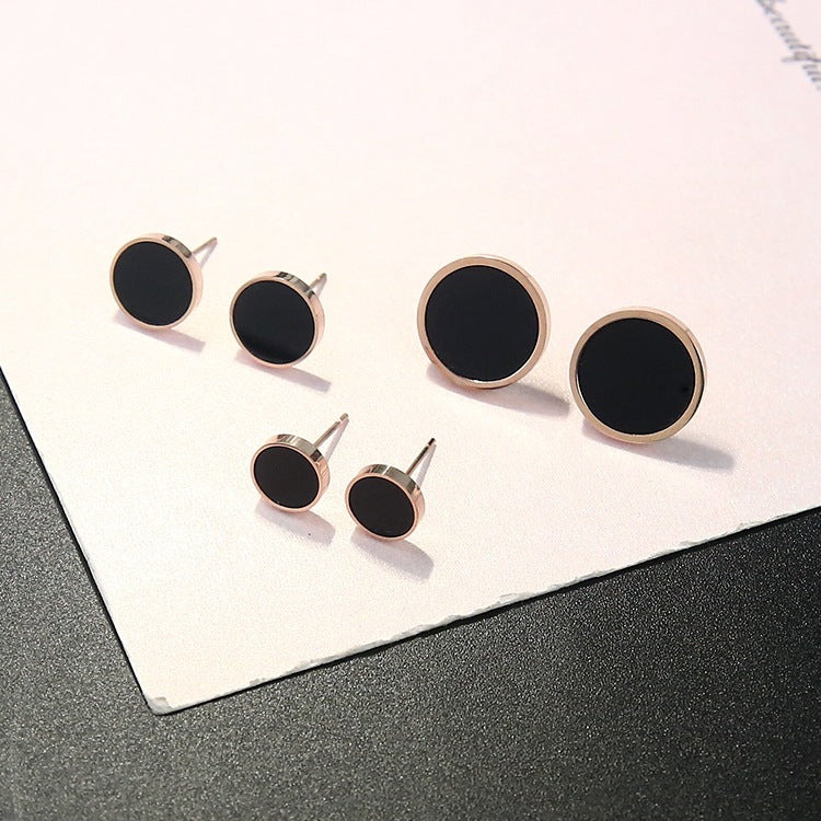 Women's Simple Black Round Rose Gold Titanium Earrings