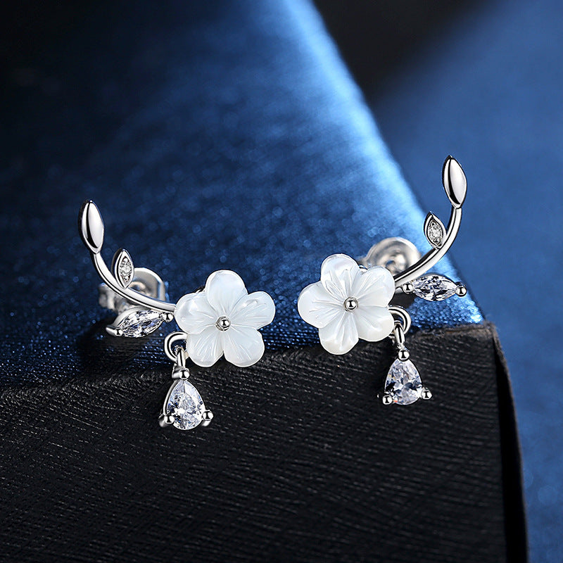 Natural Shell Hand Carved Flower Sier-plated Ear Female Korean Earrings