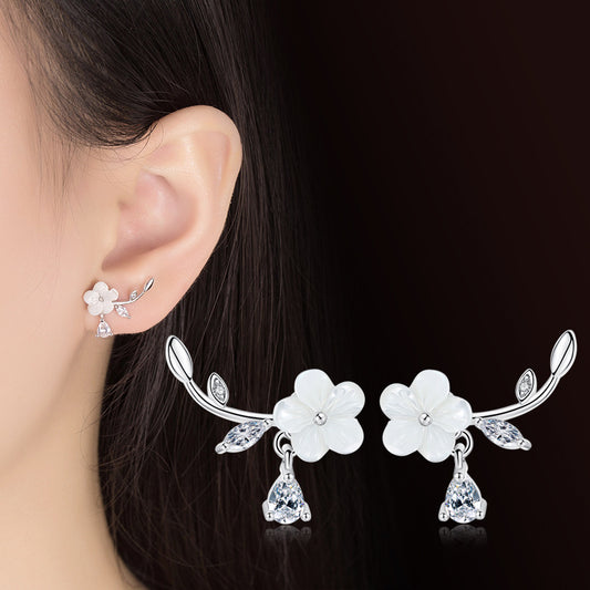 Natural Shell Hand Carved Flower Sier-plated Ear Female Korean Earrings