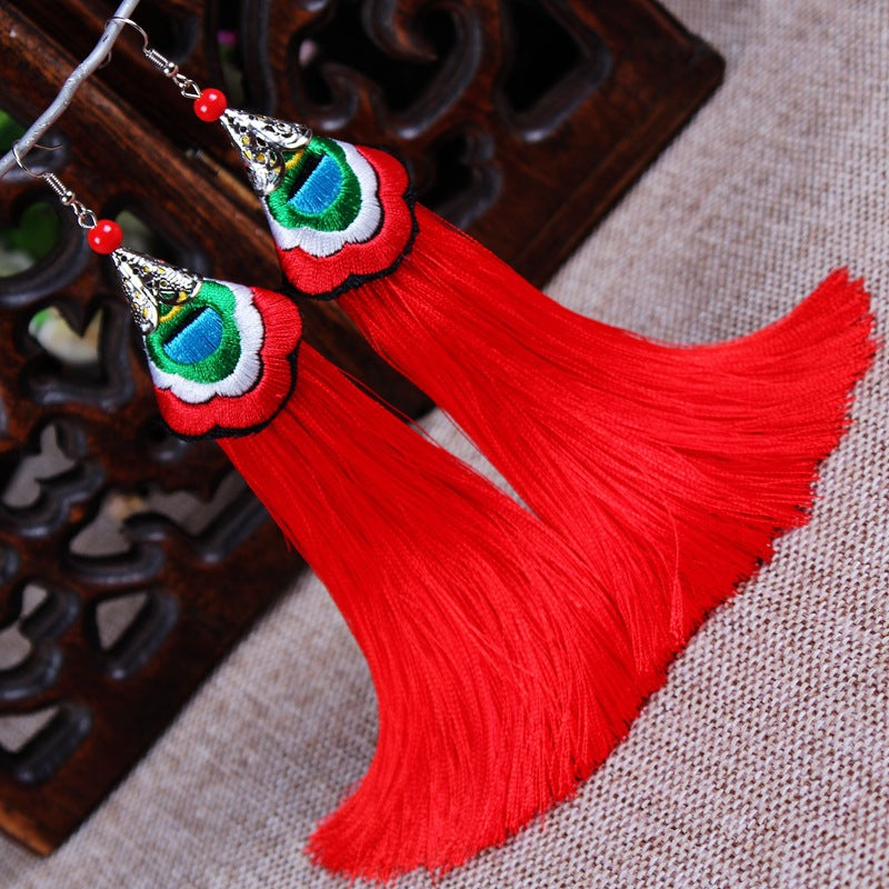 Ethnic Style Embroidered Tassel Retro Long Earrings