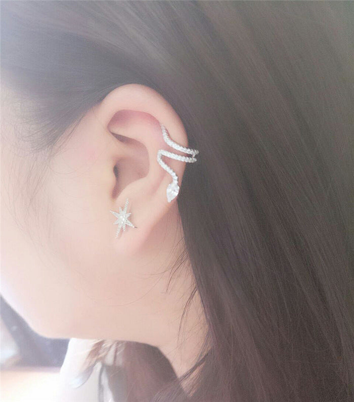 Sier Elegant Personality Snake Diamond Ear Clip Female Frosty Style Stud Earrings