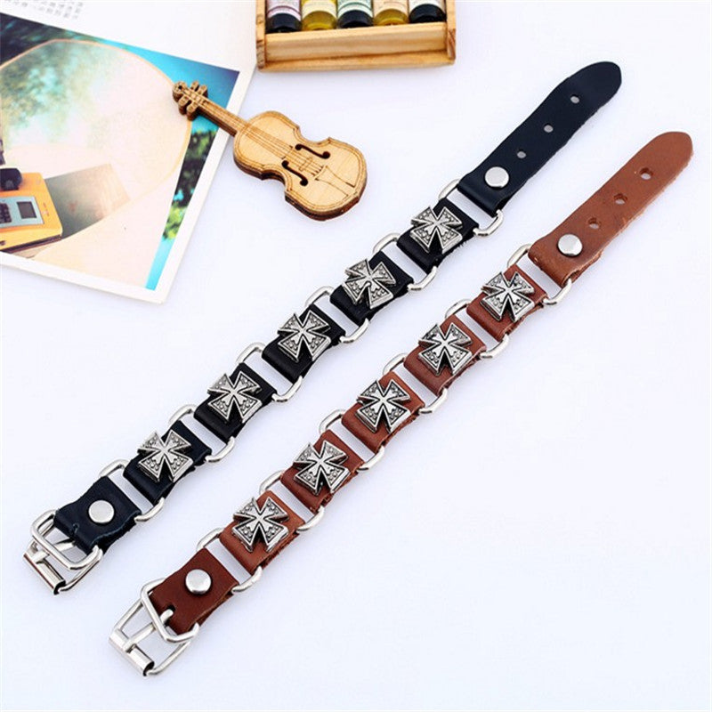 Men's Retro Punk Connecting Cattle Leather Alloy Cross Bracelet