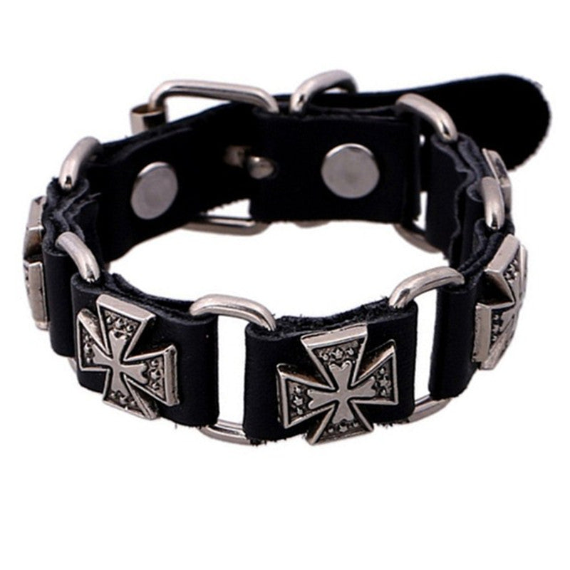 Men's Retro Punk Connecting Cattle Leather Alloy Cross Bracelet