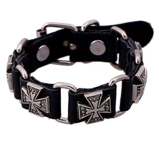 Men's Retro Punk Connecting Cattle Leather Alloy Cross Bracelet