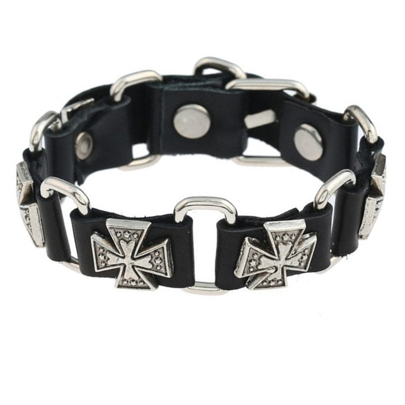 Men's Retro Punk Connecting Cattle Leather Alloy Cross Bracelet