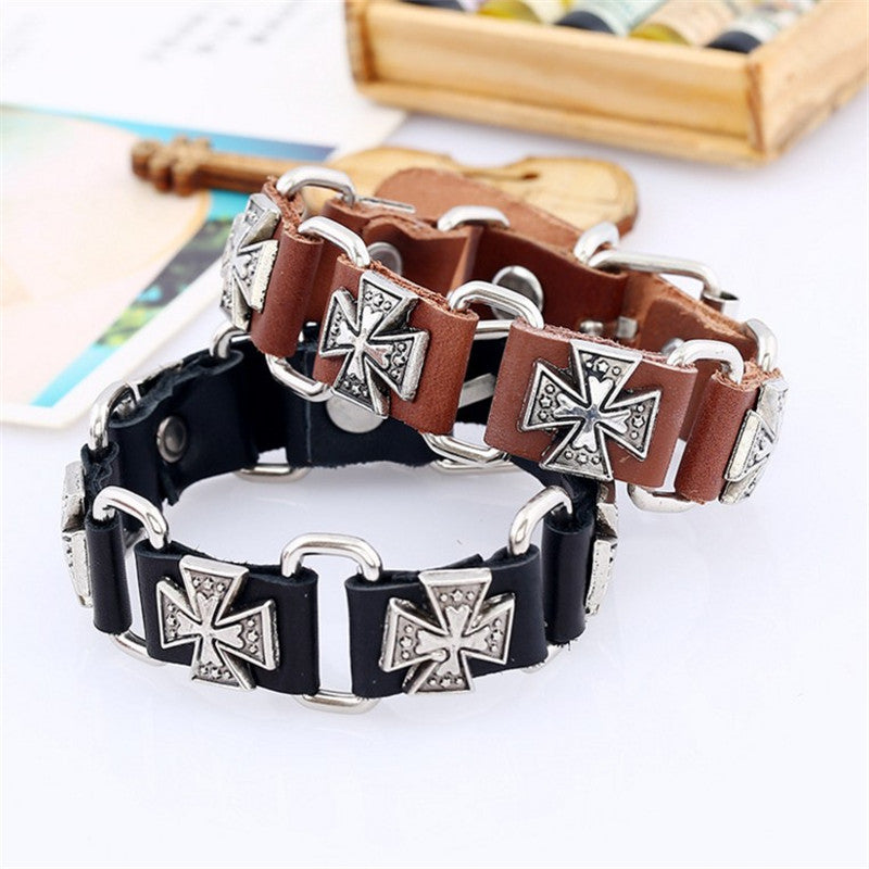 Men's Retro Punk Connecting Cattle Leather Alloy Cross Bracelet