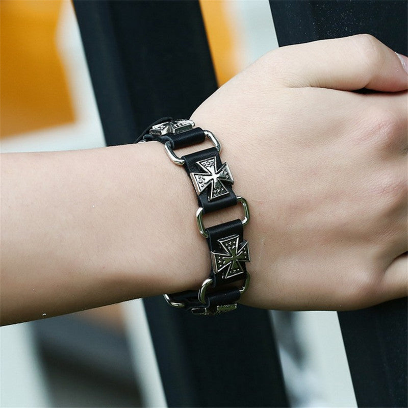 Men's Retro Punk Connecting Cattle Leather Alloy Cross Bracelet