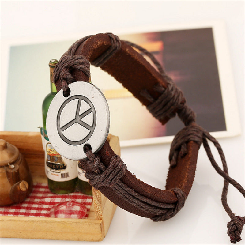 Peace Logo Cattle Leather Adjustable Vintage Carrying Bracelet