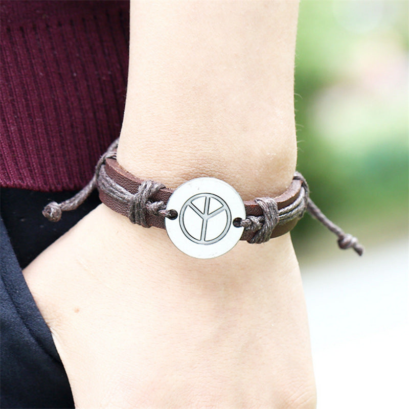 Peace Logo Cattle Leather Adjustable Vintage Carrying Bracelet