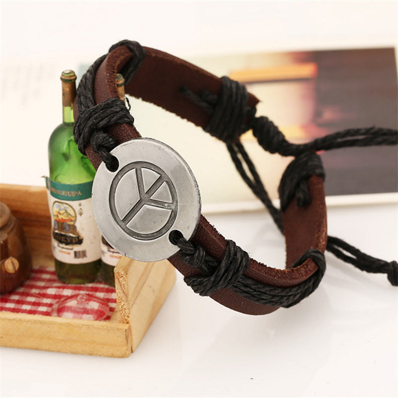 Peace Logo Cattle Leather Adjustable Vintage Carrying Bracelet