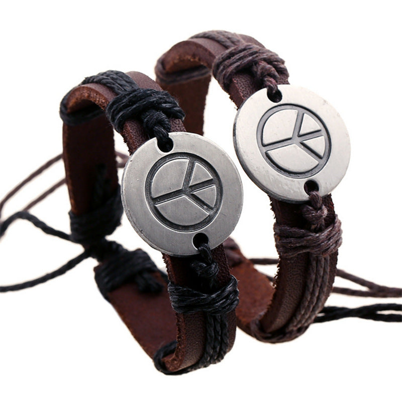 Peace Logo Cattle Leather Adjustable Vintage Carrying Bracelet