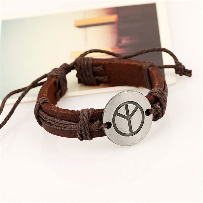 Peace Logo Cattle Leather Adjustable Vintage Carrying Bracelet