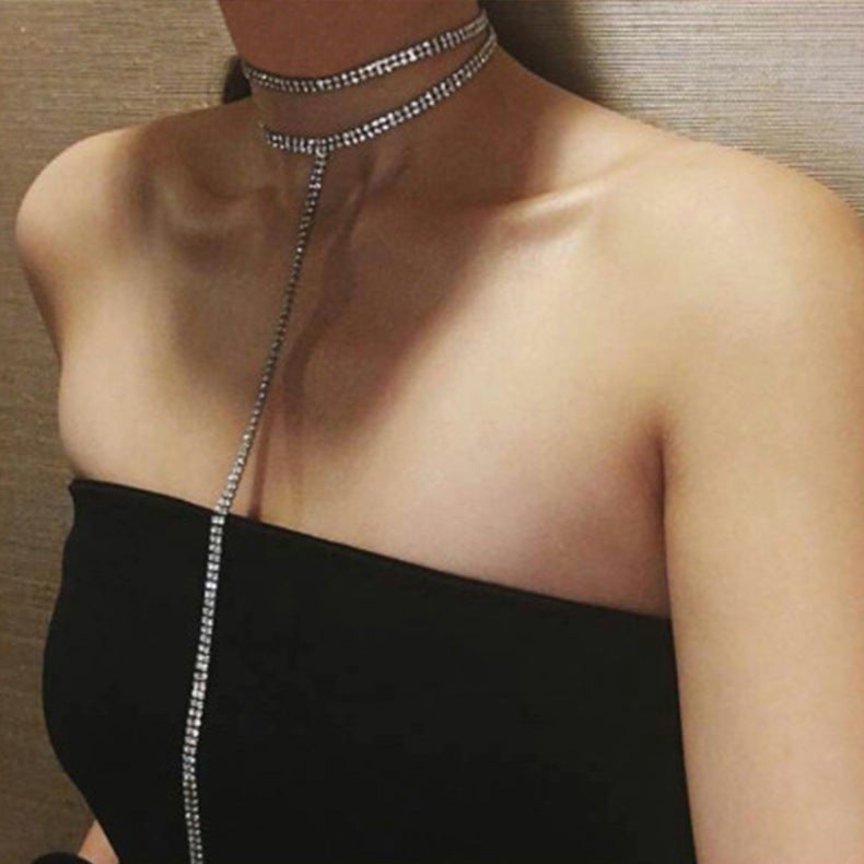 Women's Sexy Sparkling Full Rhinestone Double Layer Long Necklace