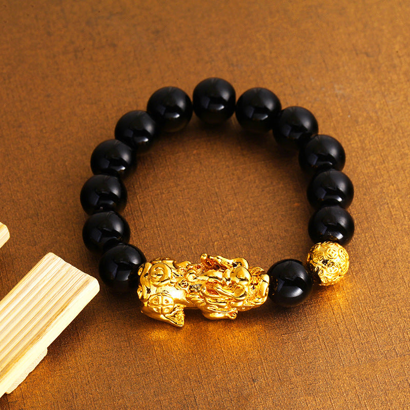 Men's & Women's Agate Couple Six Words Mantra Alluvial Gold Gilt Beaded Bracelet