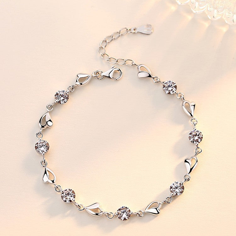 Women's Sier-plated Mori Artistic Blue Crystal Heart-shaped Rhinestone Zircon Bracelet