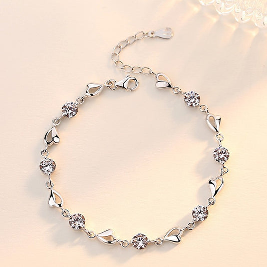 Women's Sier-plated Mori Artistic Blue Crystal Heart-shaped Rhinestone Zircon Bracelet