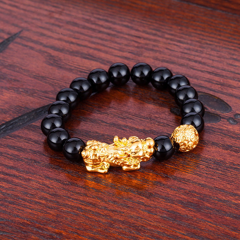 Men's & Women's Agate Couple Six Words Mantra Alluvial Gold Gilt Beaded Bracelet