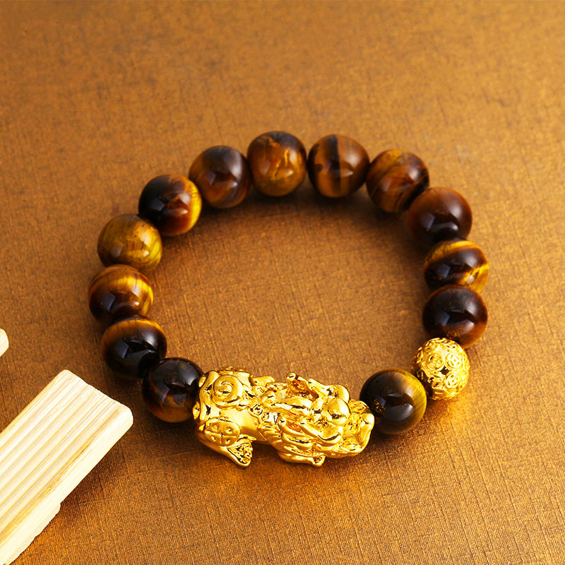 Men's & Women's Agate Couple Six Words Mantra Alluvial Gold Gilt Beaded Bracelet