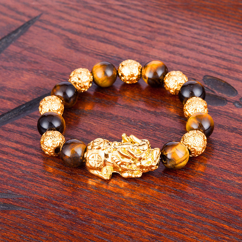 Men's & Women's Agate Couple Six Words Mantra Alluvial Gold Gilt Beaded Bracelet