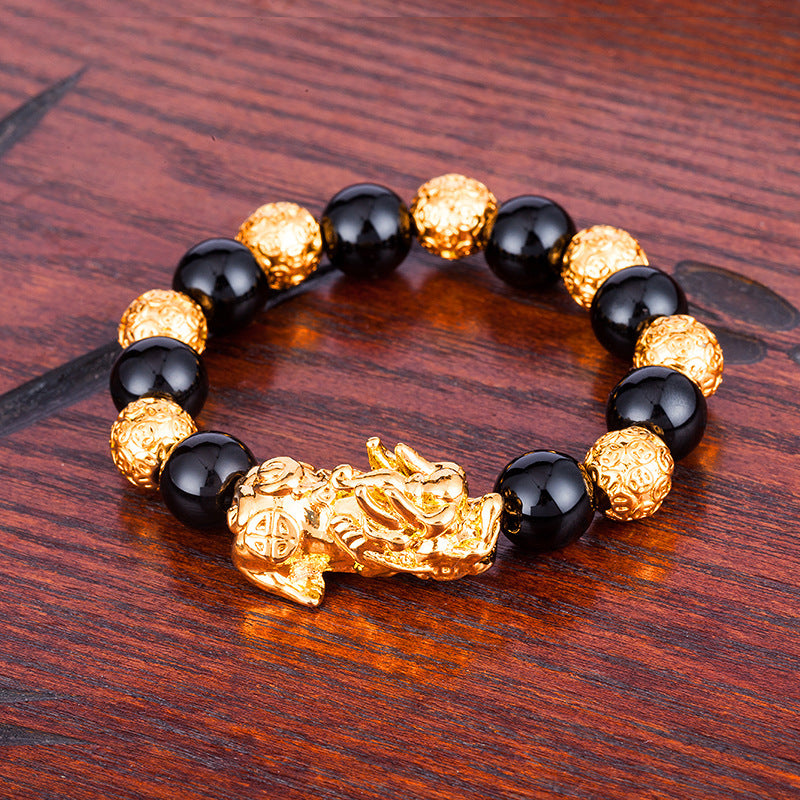 Men's & Women's Agate Couple Six Words Mantra Alluvial Gold Gilt Beaded Bracelet