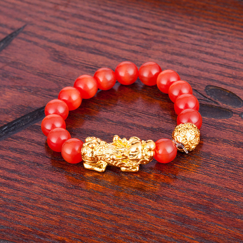 Men's & Women's Agate Couple Six Words Mantra Alluvial Gold Gilt Beaded Bracelet