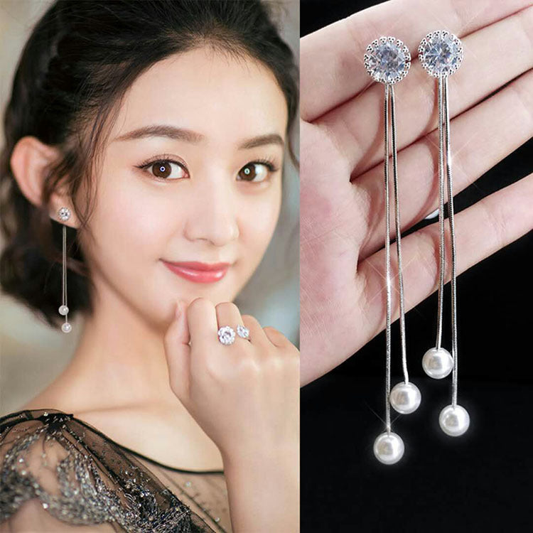 Female Sier Needle Pearl Snowflake Long Earrings