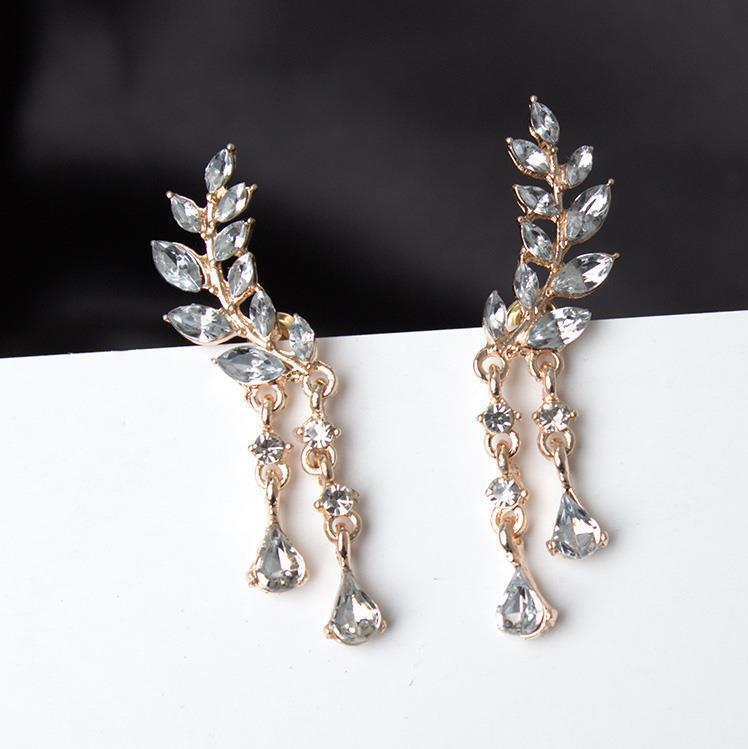 Korean Style Sweet Rhinestone Popular Leaves Tassel Earrings