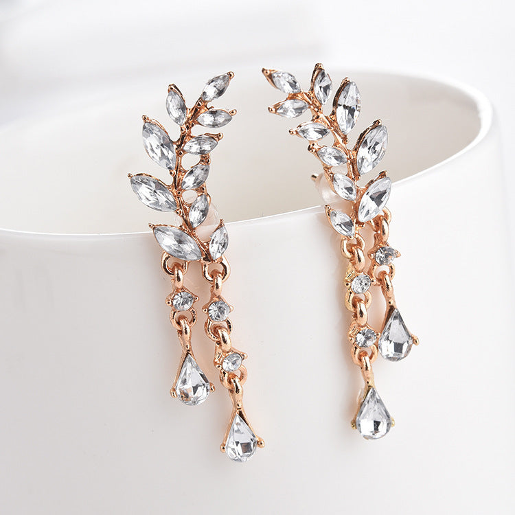 Korean Style Sweet Rhinestone Popular Leaves Tassel Earrings
