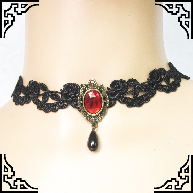 Black Lace Vintage Red Crystal Short Necklaces