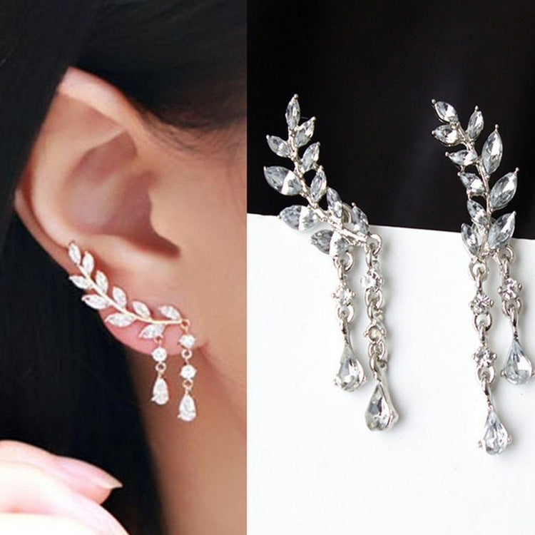 Korean Style Sweet Rhinestone Popular Leaves Tassel Earrings