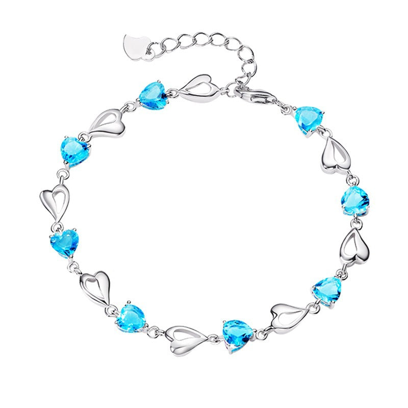 Women's Sweet Heart Blue Crystal Sier-plated Heart-shaped Simple Bracelet