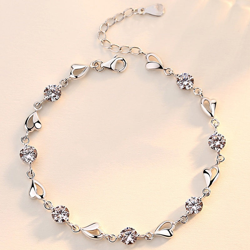 Women's Sweet Heart Blue Crystal Sier-plated Heart-shaped Simple Bracelet