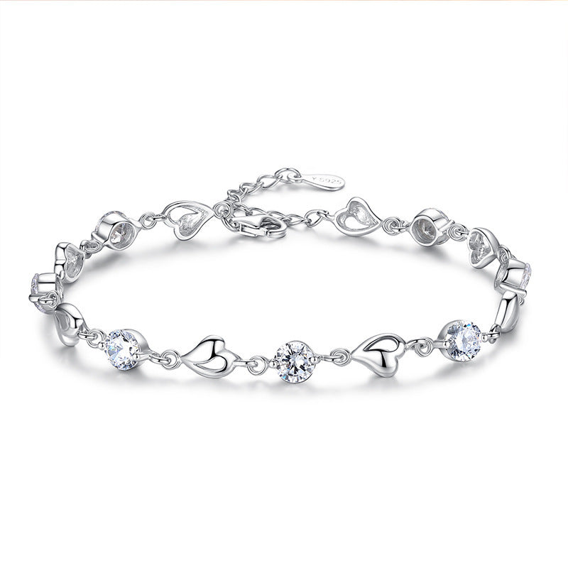 Women's Sweet Heart Blue Crystal Sier-plated Heart-shaped Simple Bracelet