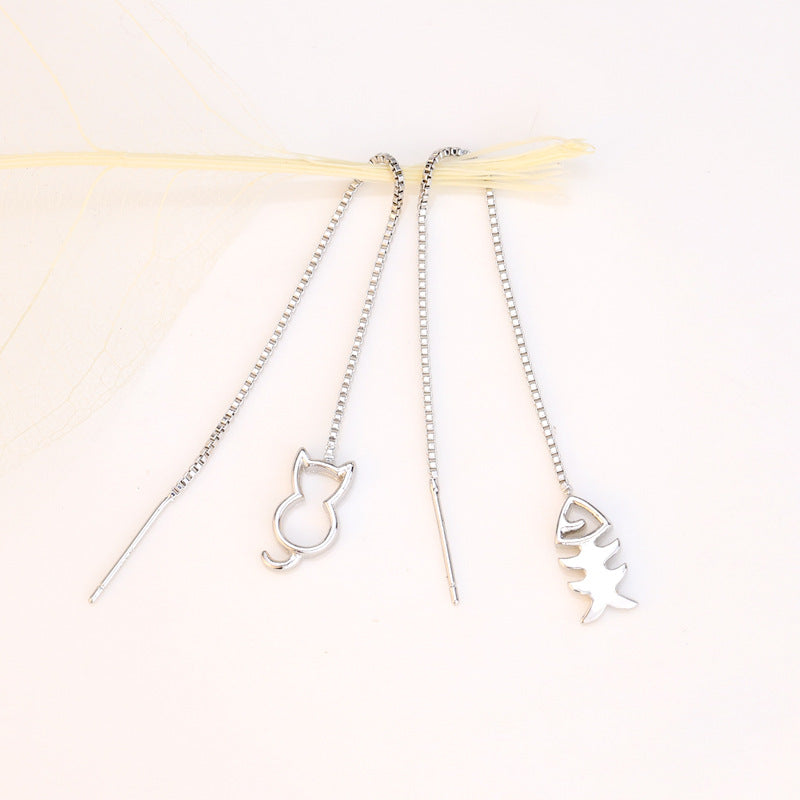 Sterling Sier Fashion Cat Fish Long Fringe Cute Personality Kitten Ear Line