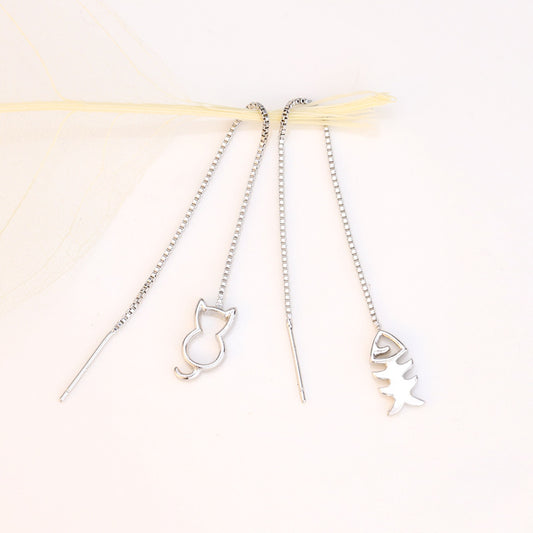 Sterling Sier Fashion Cat Fish Long Fringe Cute Personality Kitten Ear Line