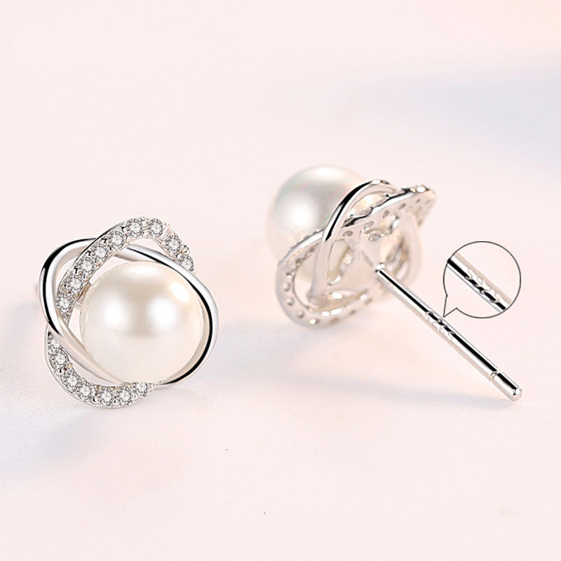Women's Sier-plated Four-leaf Clover Pearl With Diamond Perfect Stud Earrings