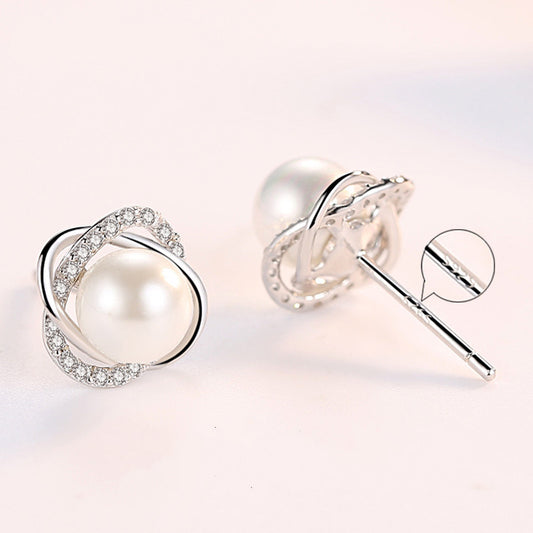 Women's Sier-plated Four-leaf Clover Pearl With Diamond Perfect Stud Earrings