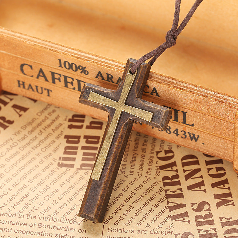 Alloy Wood Cross Boys Long Sweater Pendants