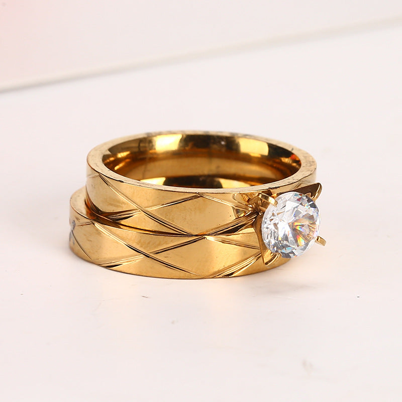 Stainless Steel Proposal Diamond Gold Stripe Cross Couple Fashion Ring